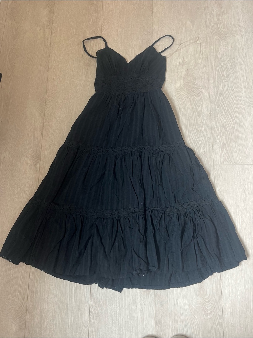 American Eagle Outfitters Black Spaghetti-Strap Maxi Dress with Tiered Skirt